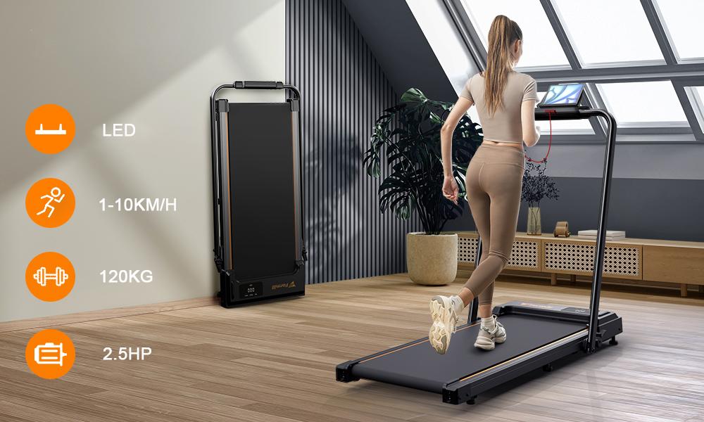 FT51 2-in-1 Foldable Walking Pad Treadmill Under Desk LED Quiet Durable Electric Treadmill with Remote Control