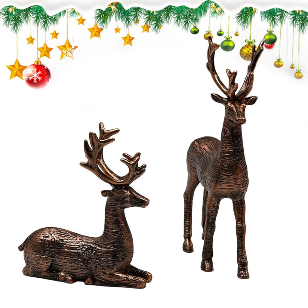 2PCS Retro Copper Reindeer Christmas Decoration Resin Christmas Reindeer Statues Standing and Sitting Deer Ornaments Home Decor