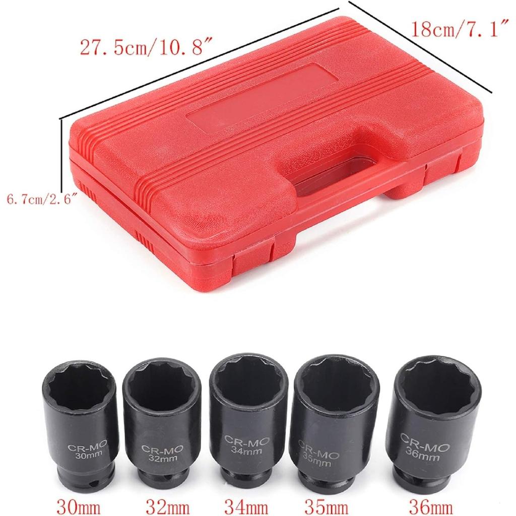 5-teiliges 1/2" Achsnabenmutter-Steckschlüsselsatz - 30-36mm Metrisches Schlagschrauber-Steckschlüssel-Werkzeugset