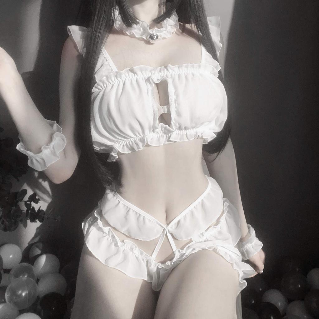 Sexy Cat Cosplay Luxury Set White Lingerie Halloween Costume Underwear Bunny Tail with Break Out of the Rut Cat e-Cosplay 8-Piece T-Back (Sexy