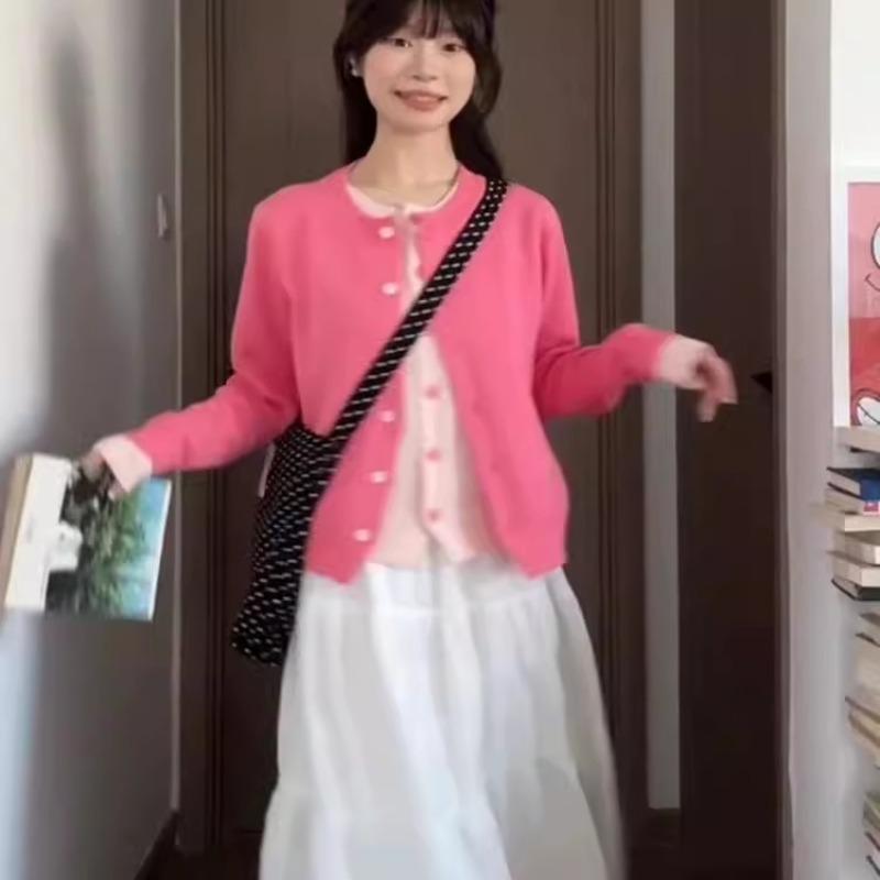 Early spring pink fake two-piece long-sleeved knitted cardigan jacket for women, small soft waxy contrasting top in spring and autumn