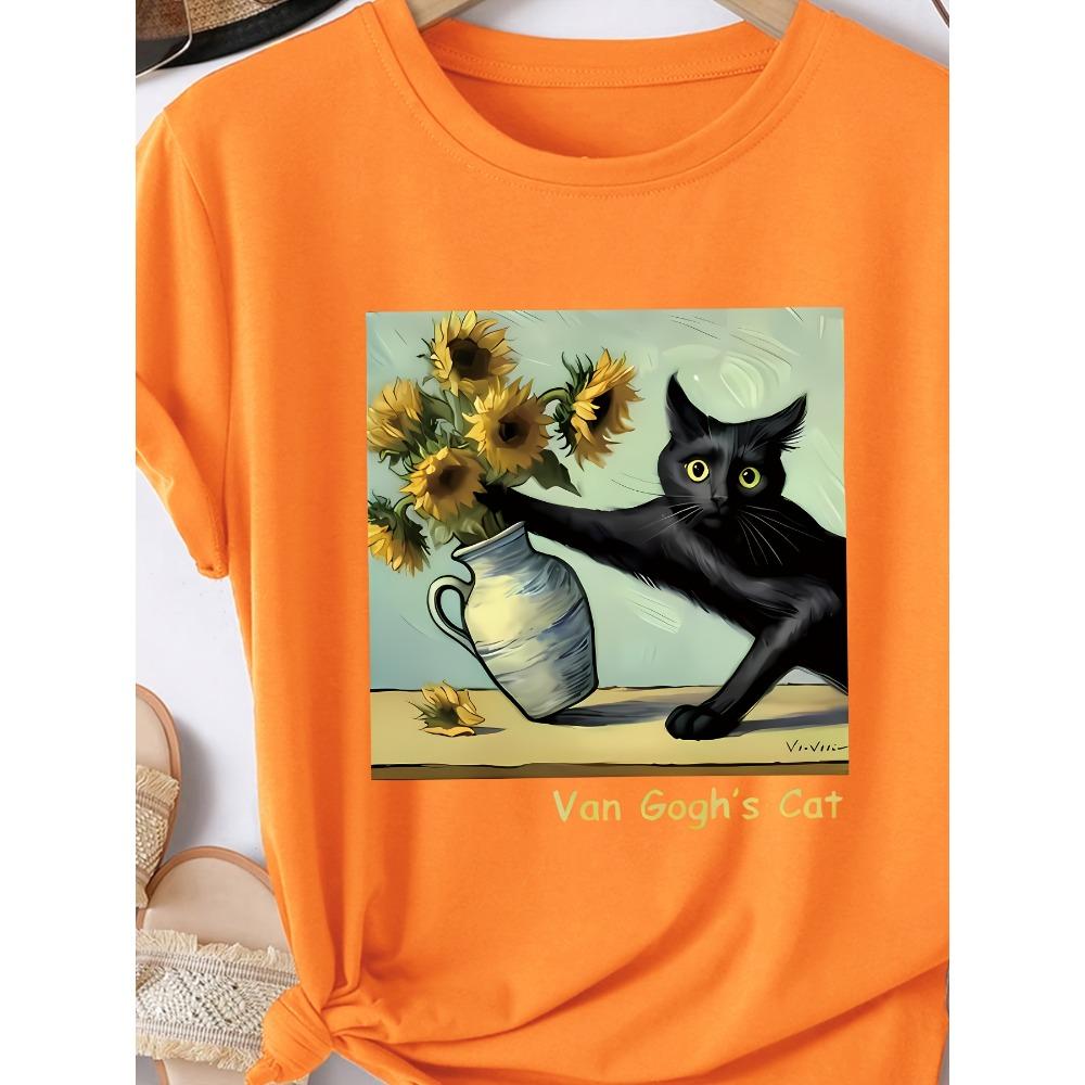 

Women Cotton Short Sleeves T-shirts Van Gogh s Cat Women s Tee Sunflower Art Graphic Casual Black Top 3XL