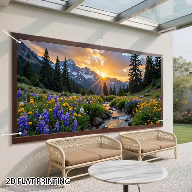 2D Pine Forest Snow Mountain Sunset Backdrop with Wildflowers 47.2x31.5inch/120*80cm