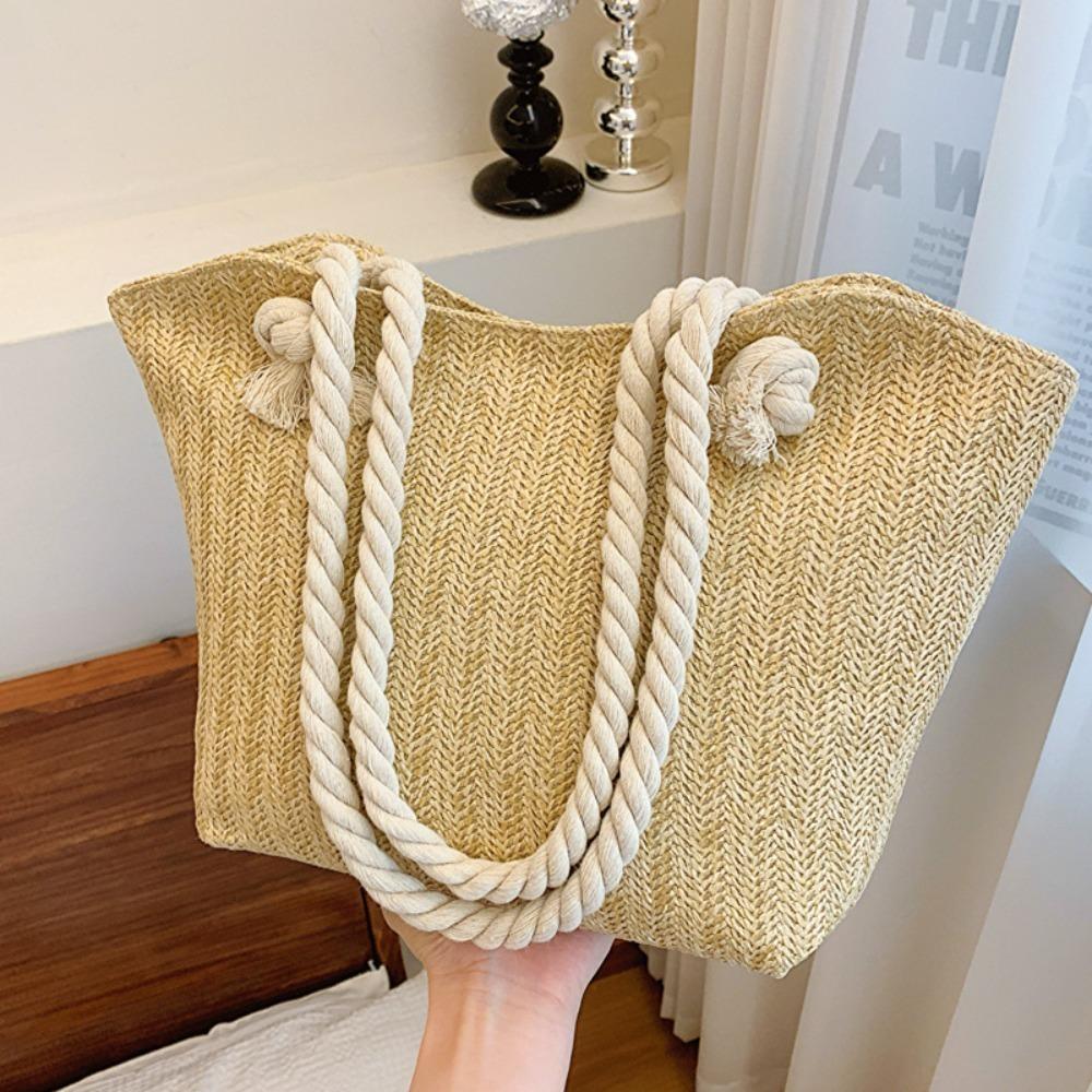 Solid Color Beach Handbag Large Capacity Underarm Shoulder Bag Casual Straw Tote Bag  Travel