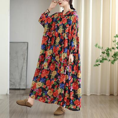 DIMANAF 2025 Γυναικείο Μεγάλο Μέγεθος Μακρύ Φόρεμα με Καπέλο Άνετο Μπλουζάκι με Εκτύπωση Casual Φλοράλ Oversize Μακρυμάνικο 8227