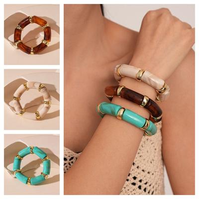 Dehnbares Bambus-Elastik-Armband Einfacher Vintage Maillard Handring Fleckiger Acryl-Armreif Mädchen
