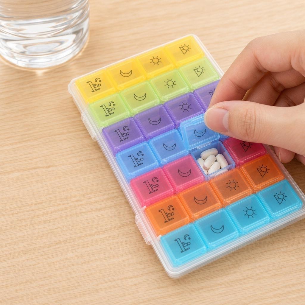 Weekly Pill Organizer with Secure Lid 28 Compartments Star and Moon Pattern Portable Transparent Medication Storage Box for Home Travel