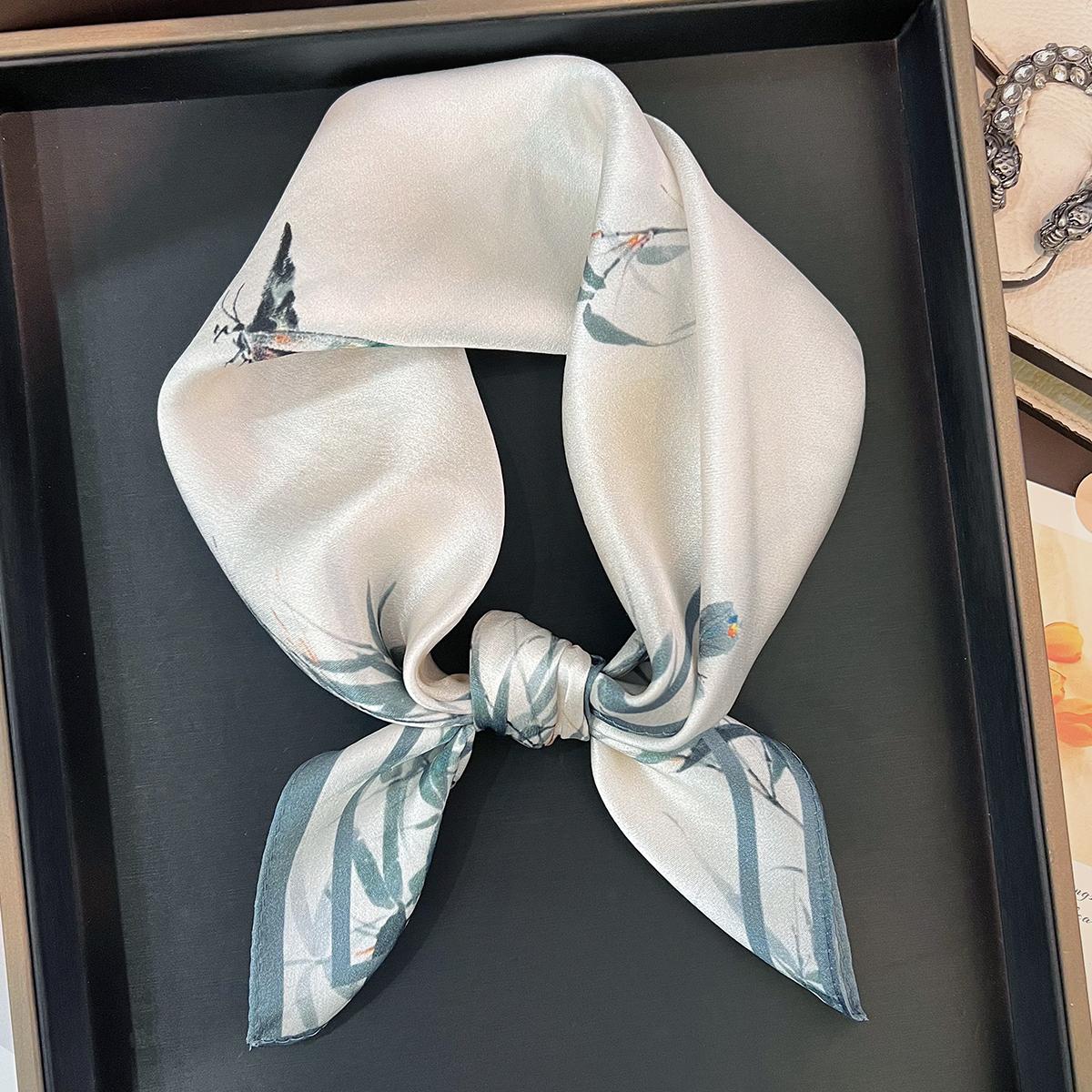 Chinese Style Bamboo Print Silk Square Scarf Versatile Decorative Neckerchief 53cm белый