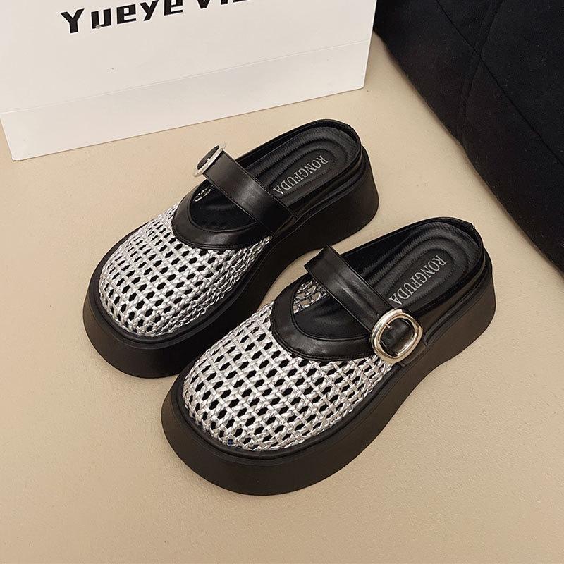 

Женские шлепанцы с толстой подошвой, с закрытым носком, летняя мода 2025, для улицы, на одной педали, плетеные, с перфорацией, дышащие, полушлепанцы 40 серебряный