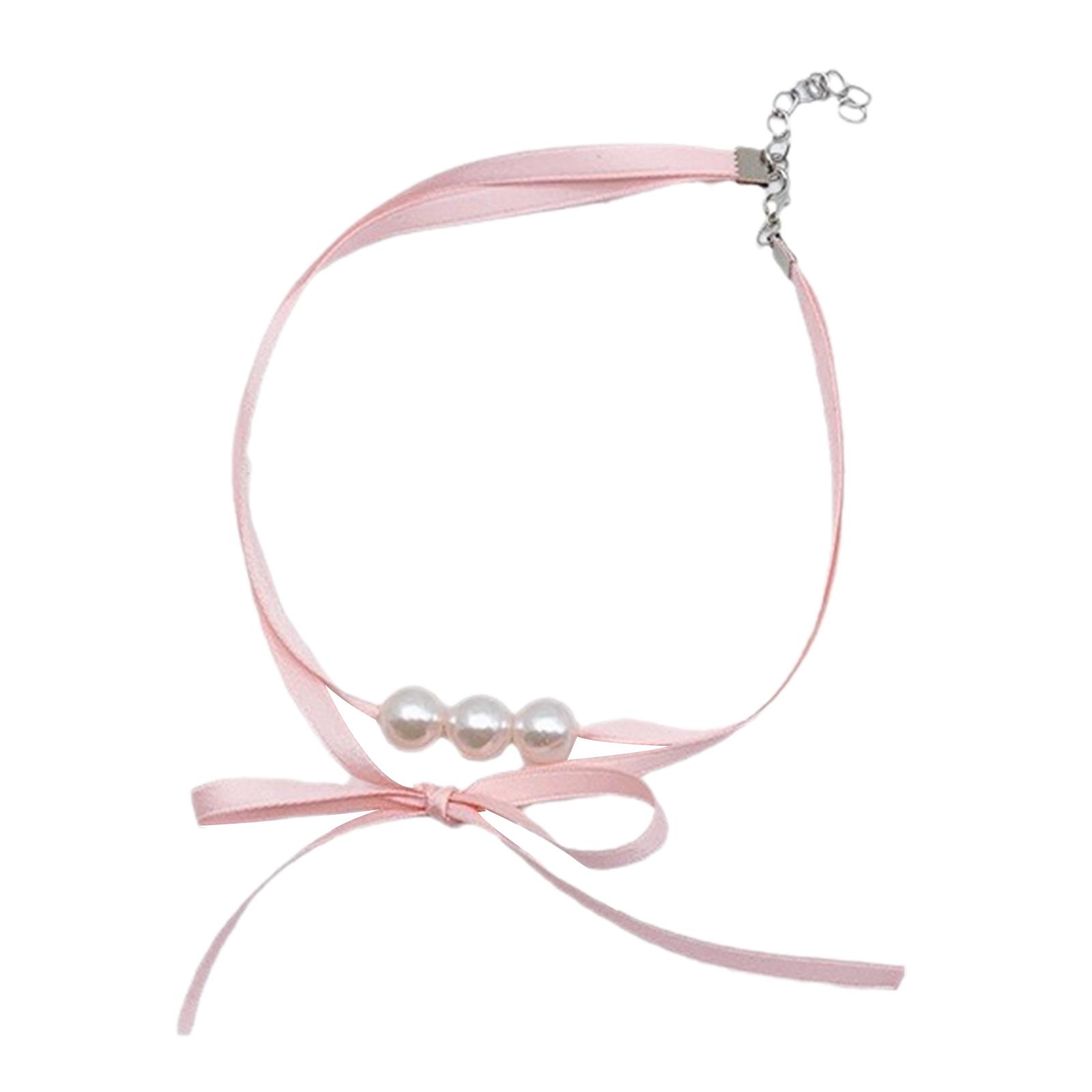 

Pink Ribbon Butterfly Necklace Bowknot Pendant Neckchain Adjustable Choker Double Layer Collarbone Chain Gifts for Women