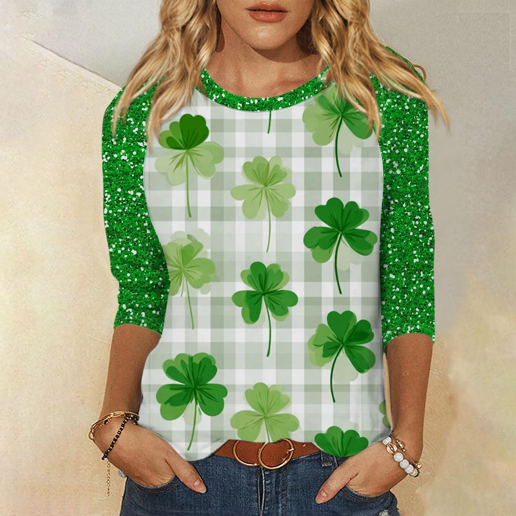 Frauen St. St. Patrick's Day Print Rundhals Dreiviertelarm Oberteil
