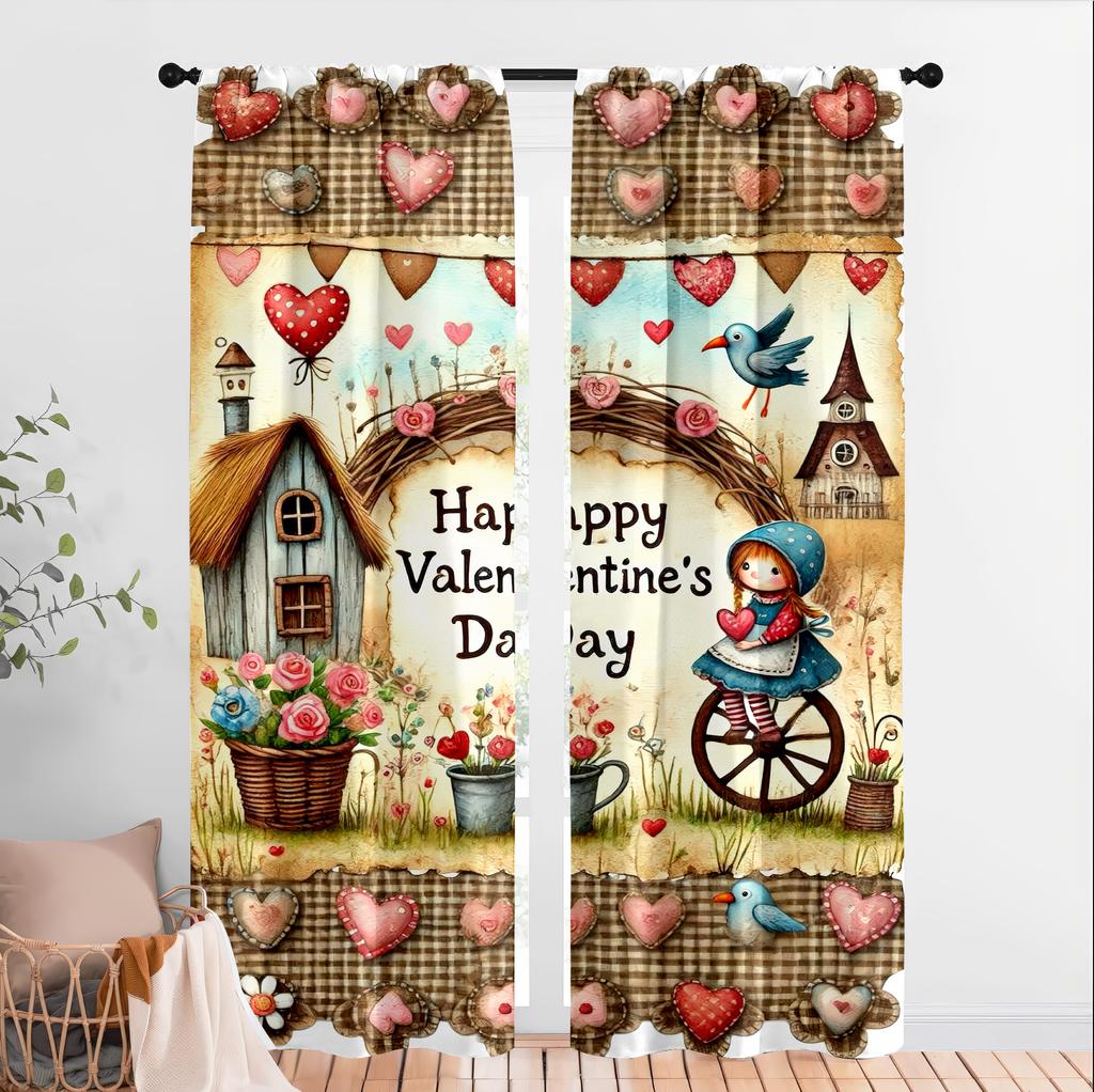 2pcs Charming "Happy Valentine's Day" Cottage Curtains   Perfect for Festive Window Decor   Cozy Home Bedroom Living Room Decor