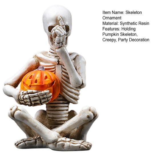 Yousheng Halloween Holding Pumpkin Skeleton Figurine Creepy Sitting Skeleton Resin Statue Sculpture Holiday Party Decoration Ornament