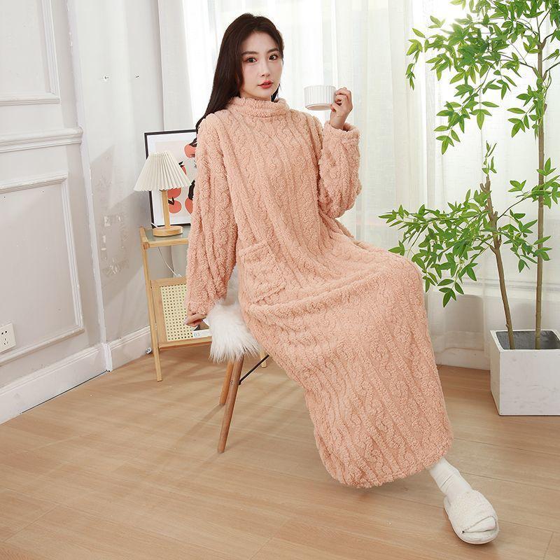 Women's Mock Neck Cable Knit Fleece Nightgown, Winter Warm Long Plush Sleep Dress with Big Pockets, Loose Cozy Loungewear