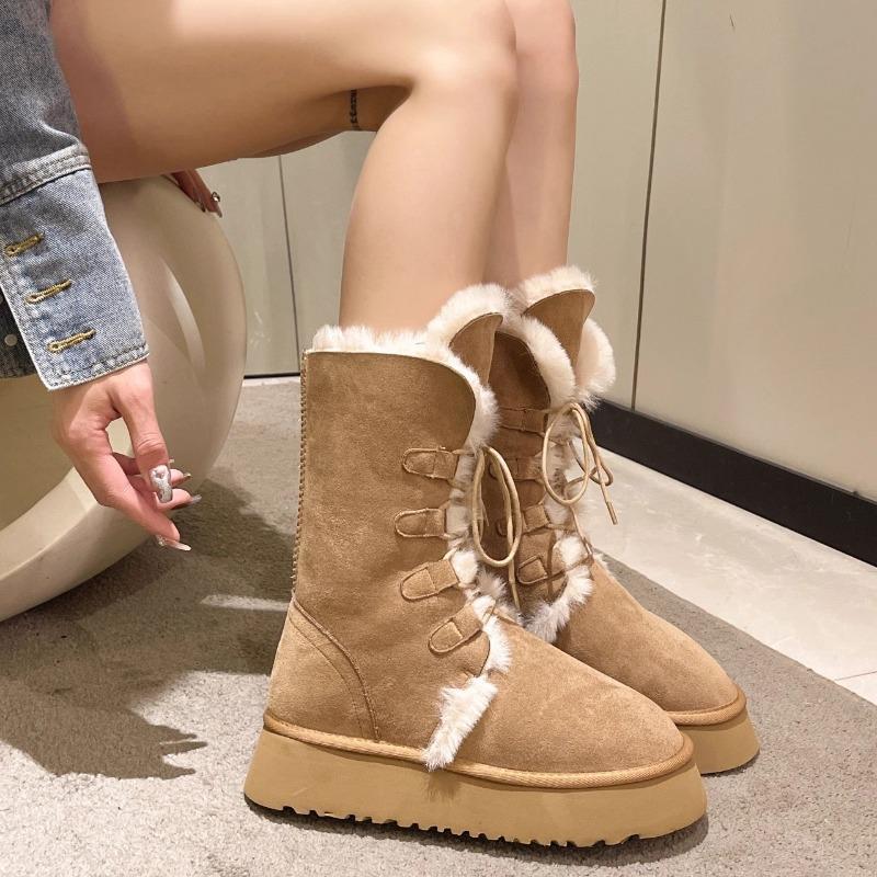 Lace-up Two-wear Snow Boots for Women's Winter New Thick-soled Medium Tube Fur Integrated Fleece Thickened Cotton Boots