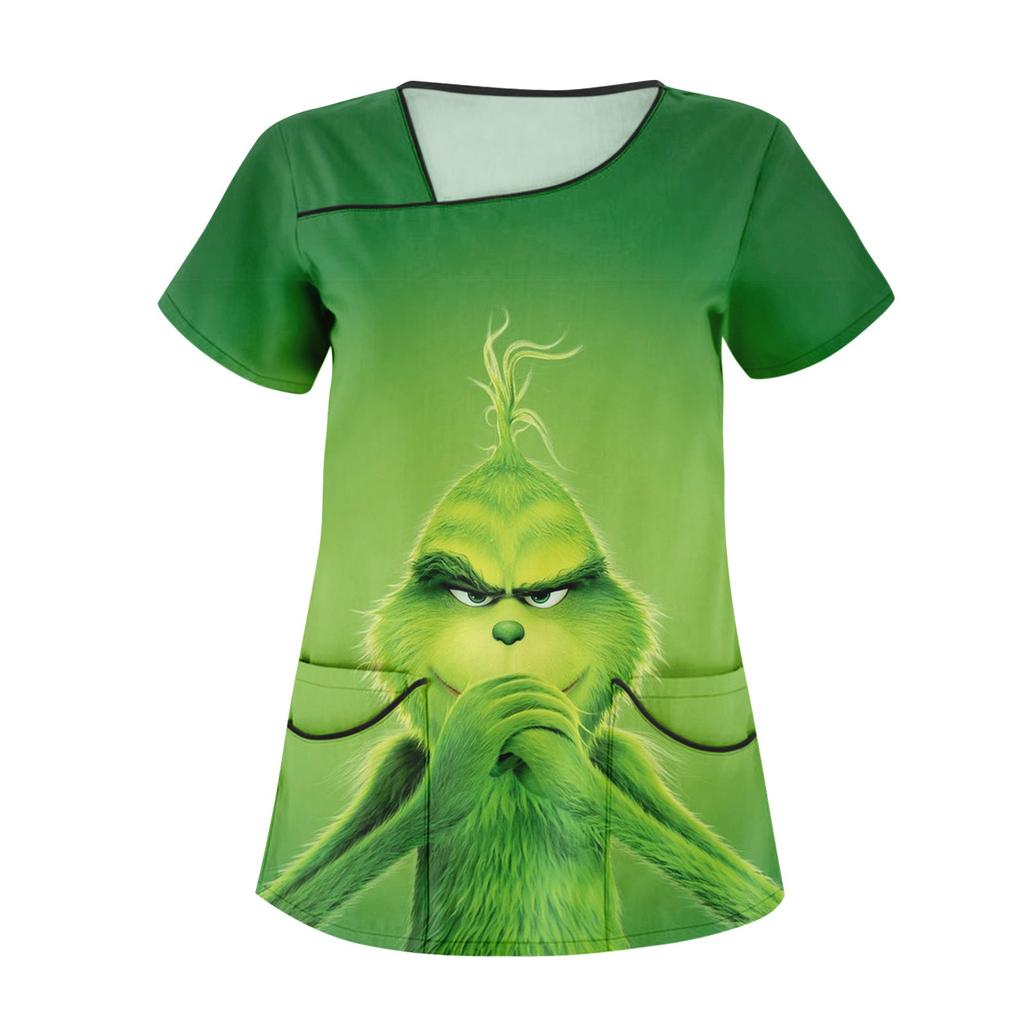 Dámské neformální vánoční kreslené pracovní oděvy s krátkým rukávem a dvojitými kapsami