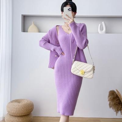 V-neck Knitted Cardigan + Camisole Sweater Dress Two-piece Women's Knitted Sleeveless Dress Suits