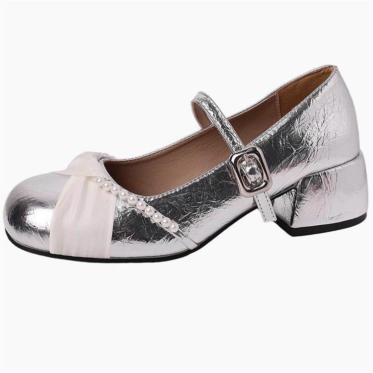 Thick heel with skirt Mary Jane high heels autumn new ballet style beautiful pearl temperament leather shoes