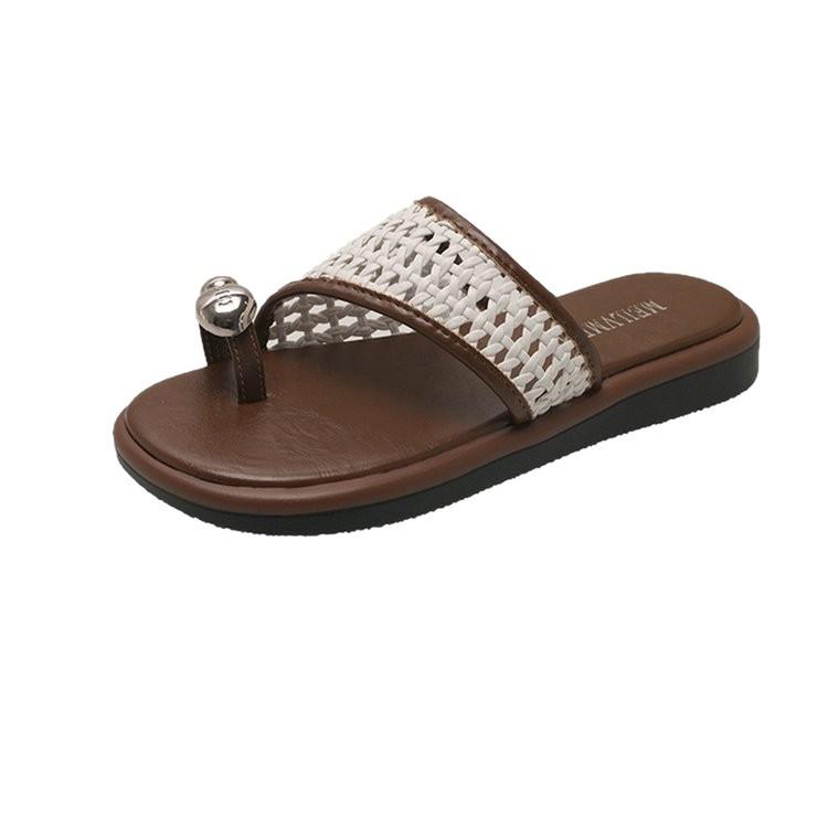 Comfort version '~ Retro woven toe slippers women's 2025 new summer wear foreign style fashion flat bottom cool slippers women