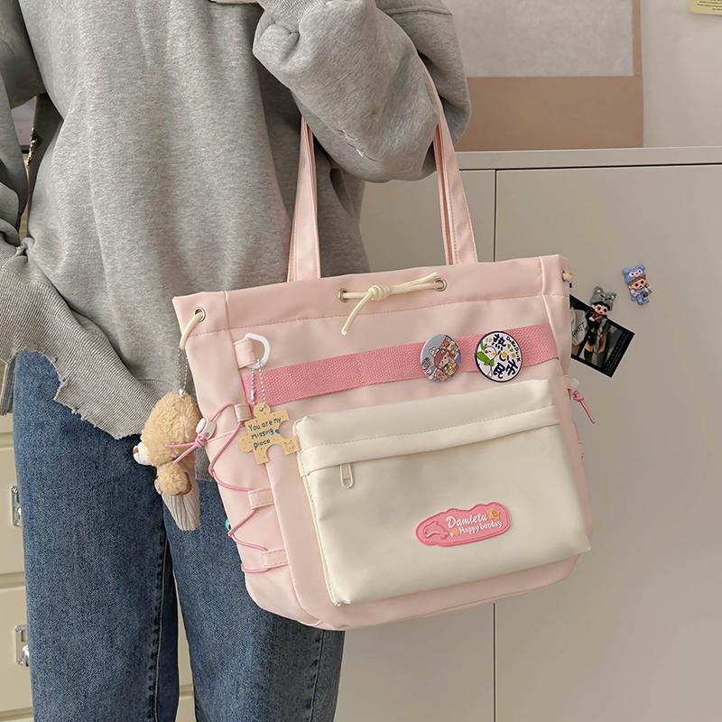 Student Class Shoulder Bag Girls Nylon Bag Color Contrast Large Capacity Tote Bag