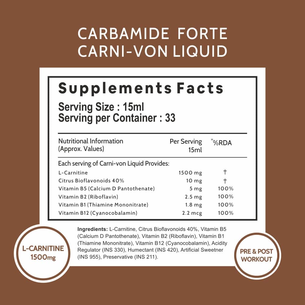 Carbamide Forte L-Carnitin Flüssigkeit 1500mg Pre- & Post-Workout-Supplement mit Vitaminen 500ml