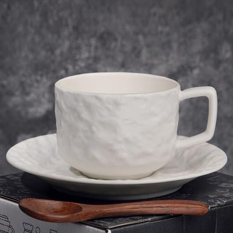 Matte Stone Ceramic Coffee Cup & Saucer Set with Spoon & Tea Rack - Retro Home Gift 235ml