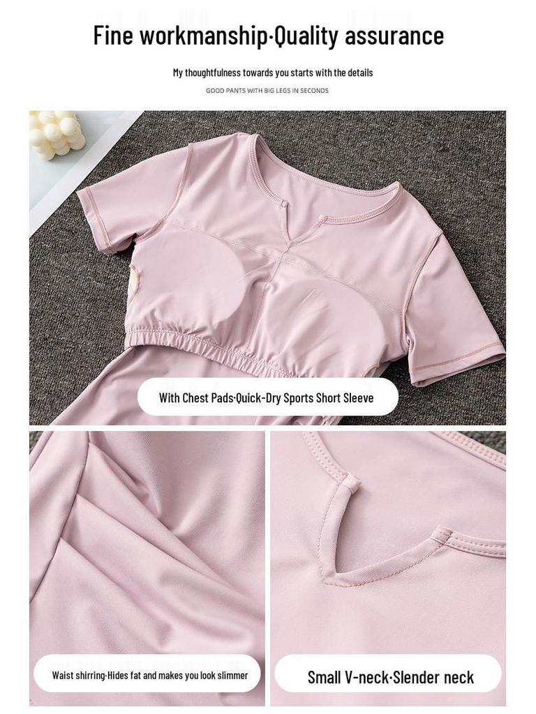 Women's Summer 2025 Quick-Dry Sports Suit: Fashionable Gym & Yoga Outfit with Anti-Exposure Shorts for Morning Runs.