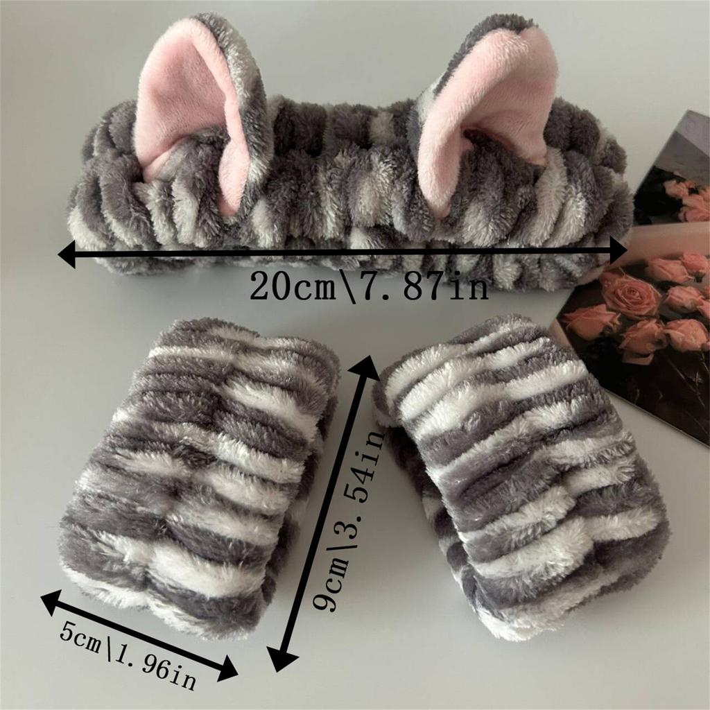 1set Elastic Women Shower Hairband & Wristband Cute Kitten Plush Face Wash Hairband Home Makeup Headband Wristband
