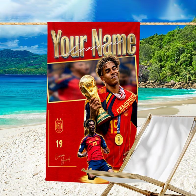 1pc Lamine Yamal Beach Towel with Custom Name, Beach and Seaside Swimming Pool Equipment, Fashion Pattern, Rectangular, Travel Essential