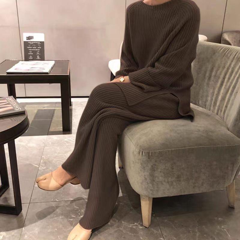 Boční rozpark Pletený svetr Ženy Musilm Soupravy Teplé kalhoty Široké nohavice Dvoudílný oblek Elegantní Žena Skromné islámské oblečení