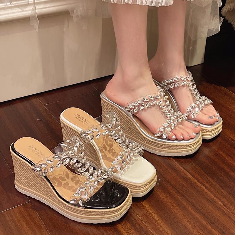 Fashion Rhinestone Wedge Heel Slippers Women Transparent Pvc Chunky Platform Sandals Woman Shiny Crystal Thick Bottom Sandalias