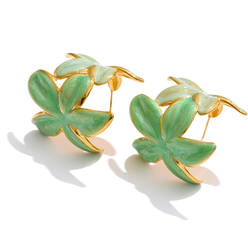 

Eetit Green Pink Enamel Golden Flower Huggie Earrings for Women Exquisite Stainless Steel Daily Versatile Fashion Jewelry Gift зелёный