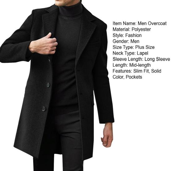 Winter Men Wool Overcoat Lapel Long Sleeve Single Breasted Mid-length Suit Coat Outwear Side Pockets Solid Color Long Outwear