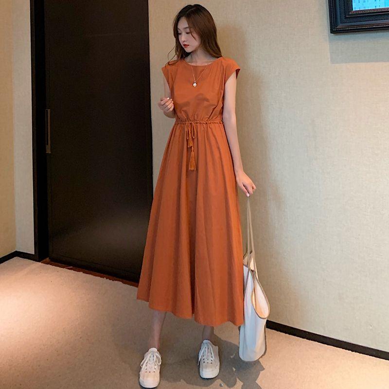 Summer Korean Style New Solid Artistic Student Waist Hugging round Neck Loose Mid-Length Sleeveless Dress Women Dress