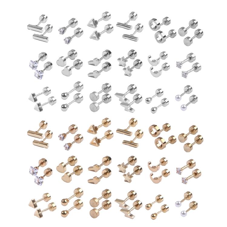 18-Pair Tiny Stud Earrings Star Moon for Triangle Ball Screwback Earrings for Un