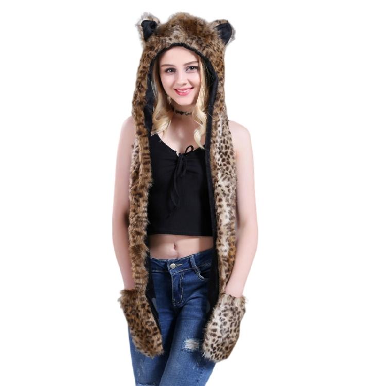 Plush Animal Ear Hat for Adult Unisex Earflap Gloves Scarf All In One Warm Trapper Hat Outdoor Activity Cold Weather Hat