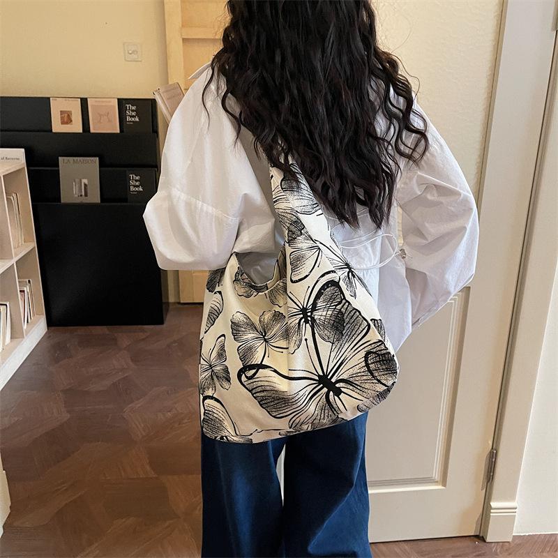 Canvas Tote Bag with Butterfly Print and Long Shoulder Strap for Women Daily Use
