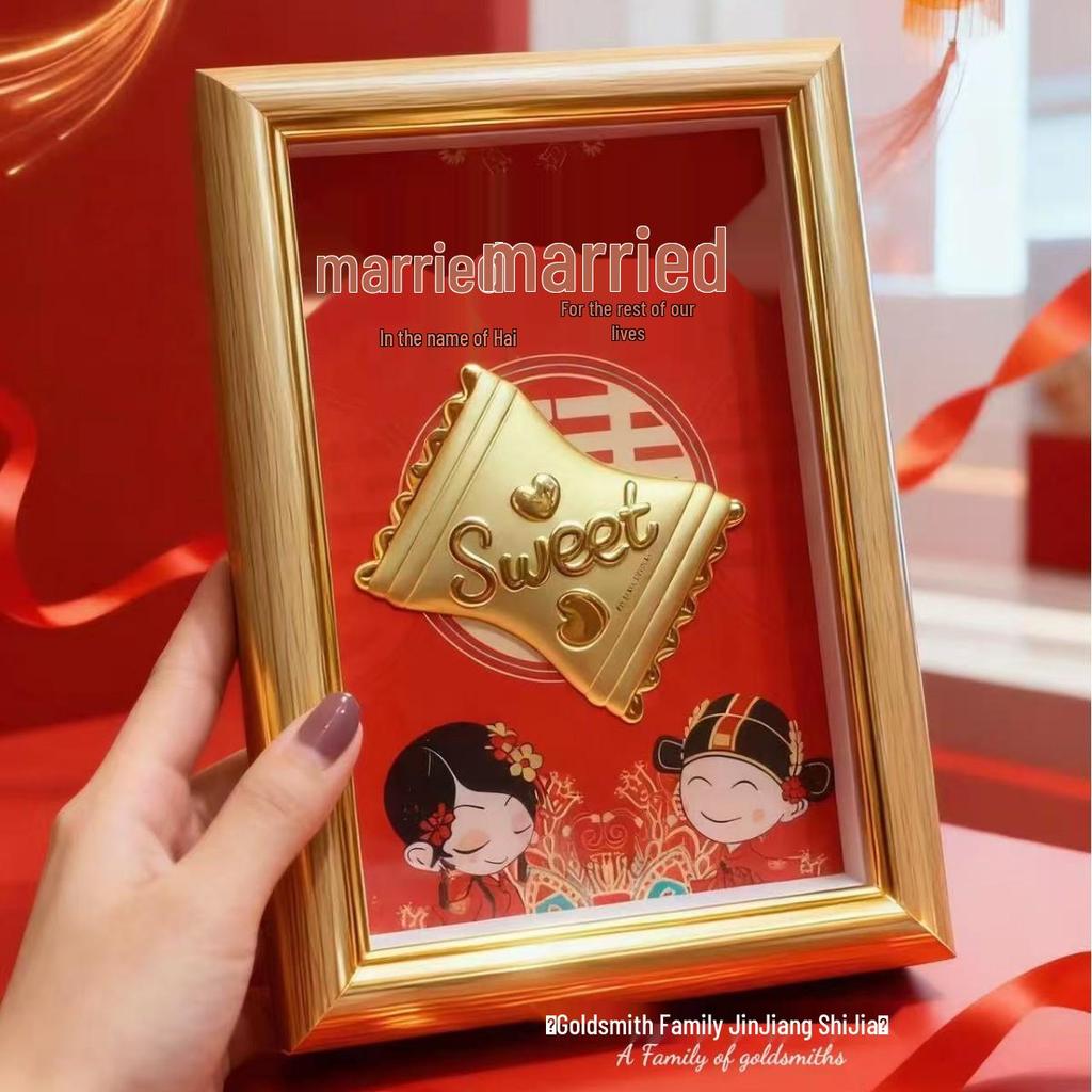 Shuibei 999 Pure Gold Money Ornament Pair - Wedding Candy & Photo Frame Gift Set for Friends