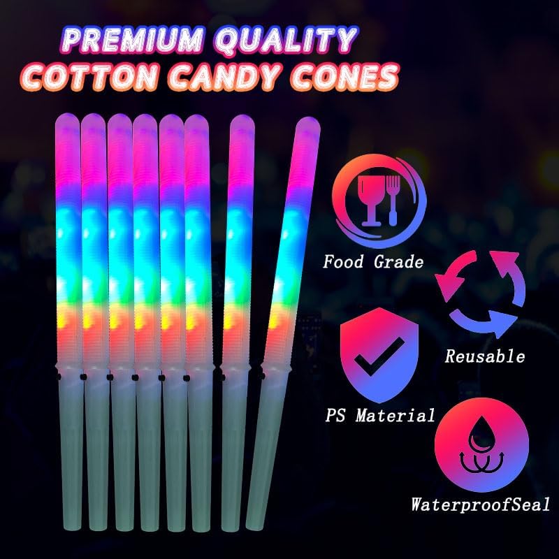 10 Pcs LED cotton candy cones,Glowing cotton candy sticks,  Cotton candy holder reusable and waterproof, suitable for Christmas party  colorful