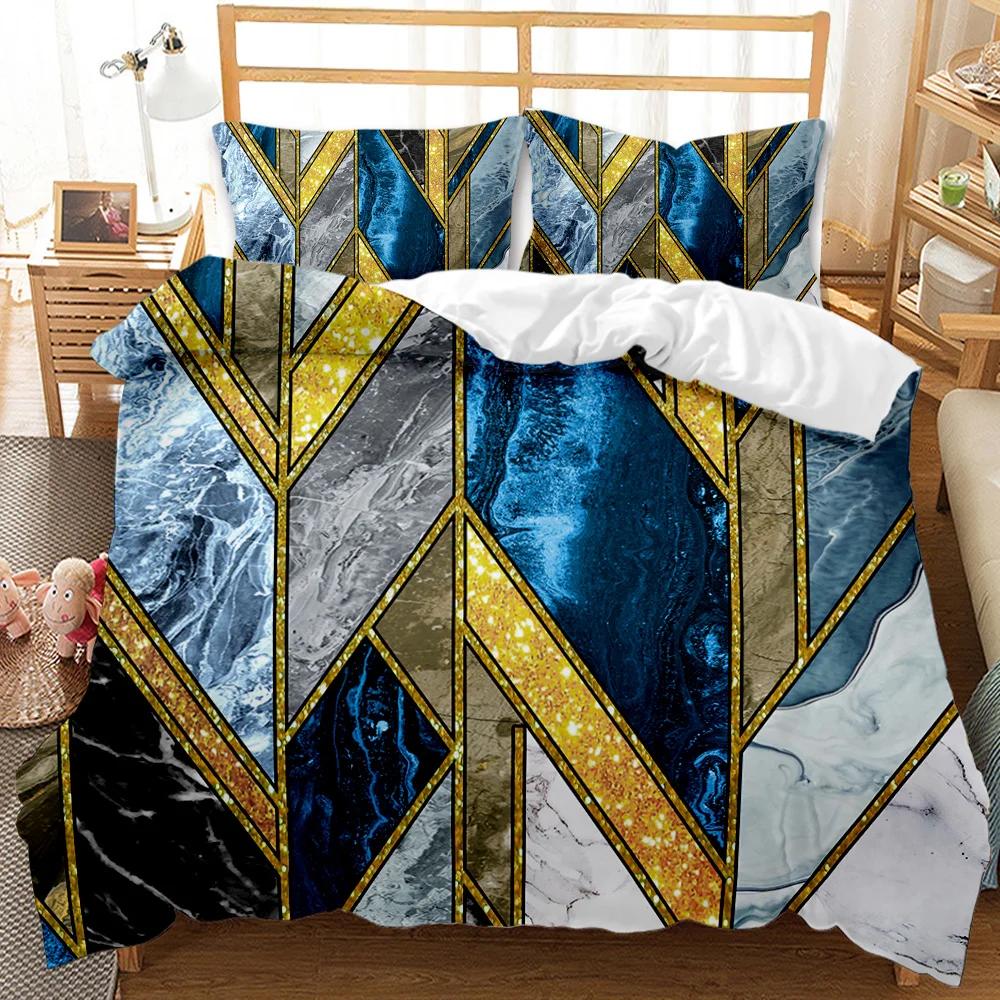 Marmor Dynetrekksett Svart Hvit Gull Abstrakt Marmortekstur Trykt Svart Hvit Dobbel Queen King Size Polyester Sengetøysett