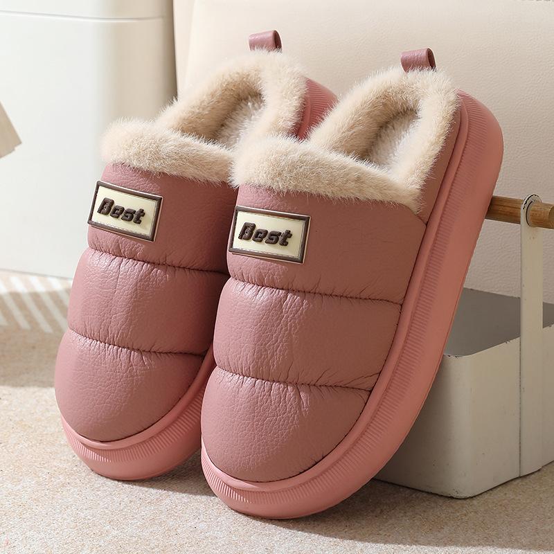 PU leather cotton slippers warm in autumn and winter home EVA thick bottom, non-slip indoor and outdoor wear waterproof velvet cotton mop