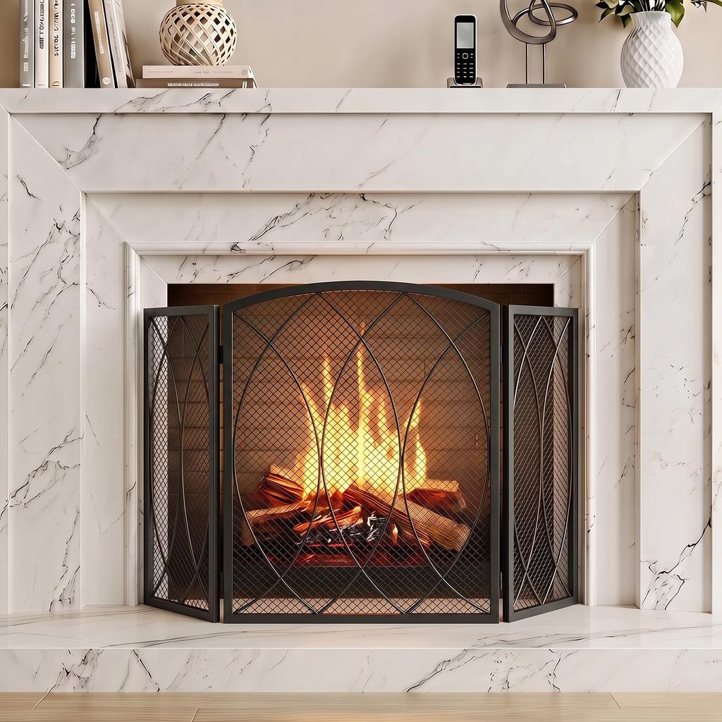 Fireplace Screen, 3-Piece Foldable Spark Guard 122 X 75 Cm