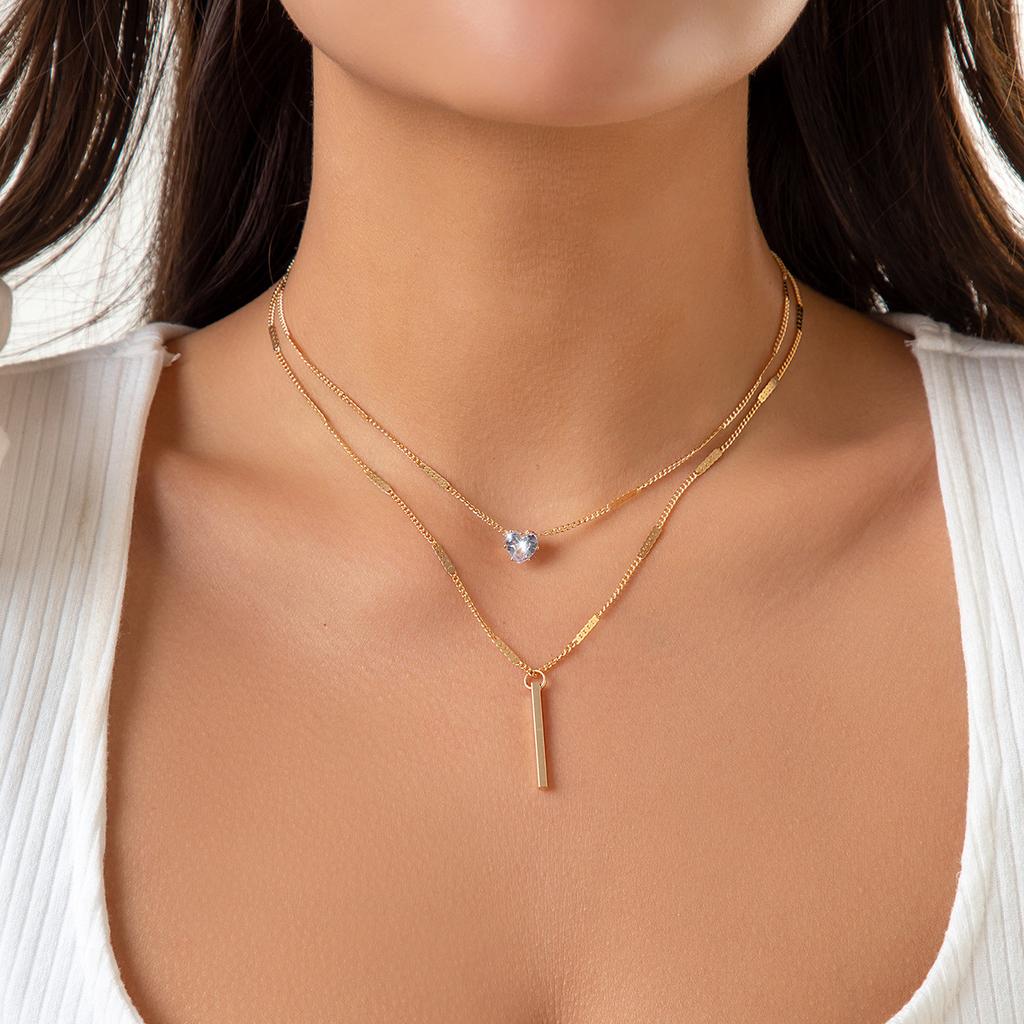 Simple Double-Layer Metal Rod Slightly Inlaid Heart-Shaped Necklace Female, Temperament Water Drop Fine Chain Necklace Necklace