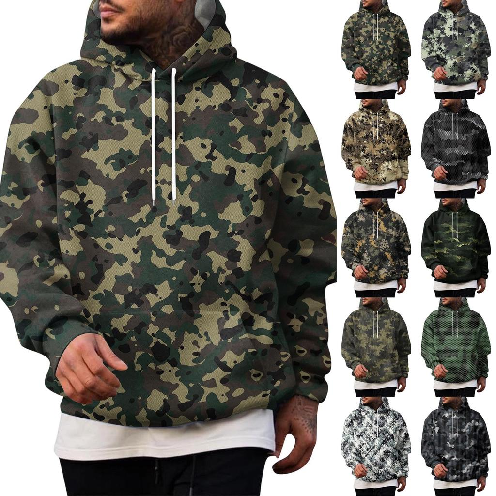 Men's Casual Hoodie with Retro Patchwork Print and Single Pocket