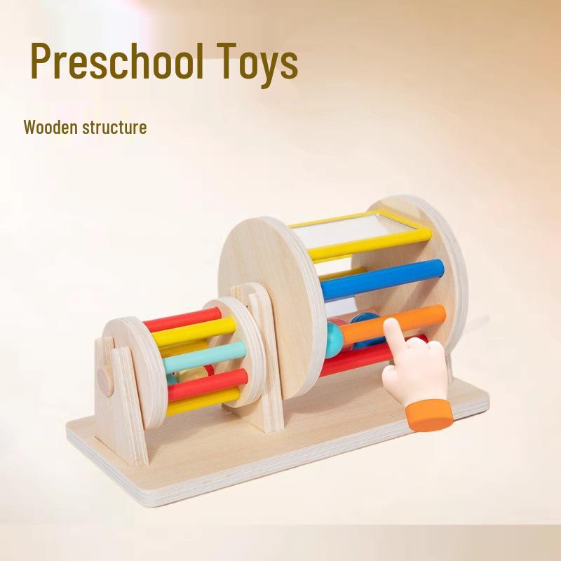Wooden Textile Rolling Drum - Montessori Toy for Infant & Toddler Hand-Eye Coordination and Focus Development