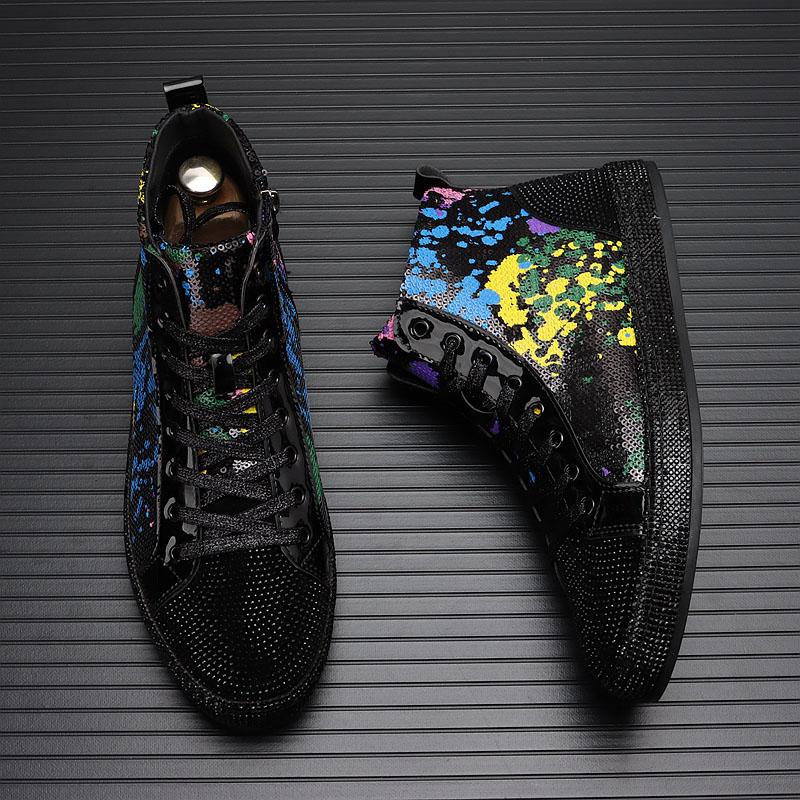 New Luxury Designer Men High Tops Rhinestone Platform Shoes Causal Flats Moccasins Rock Punk Walking Sneakers Tenis Masculino