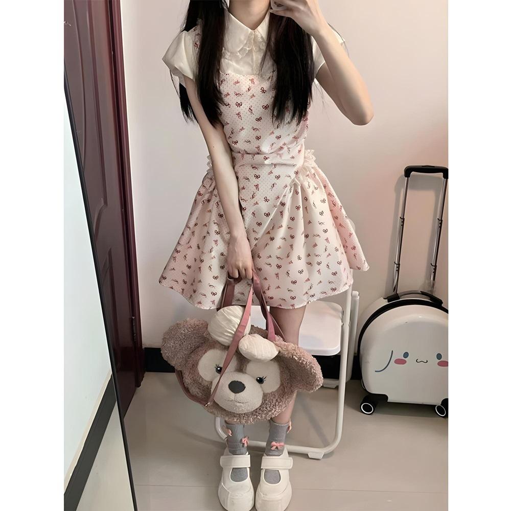 

Милое и пикантное платье принцессы, короткая юбка, повседневное летнее, кукольный воротник, супер фея, имитация двух частей, цветочное платье XL- (recommended 110-60kg)