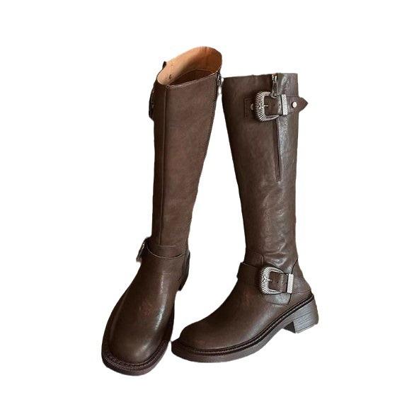 Retro brown thick heel boots women's autumn and winter new belt buckle knight boots western high boots