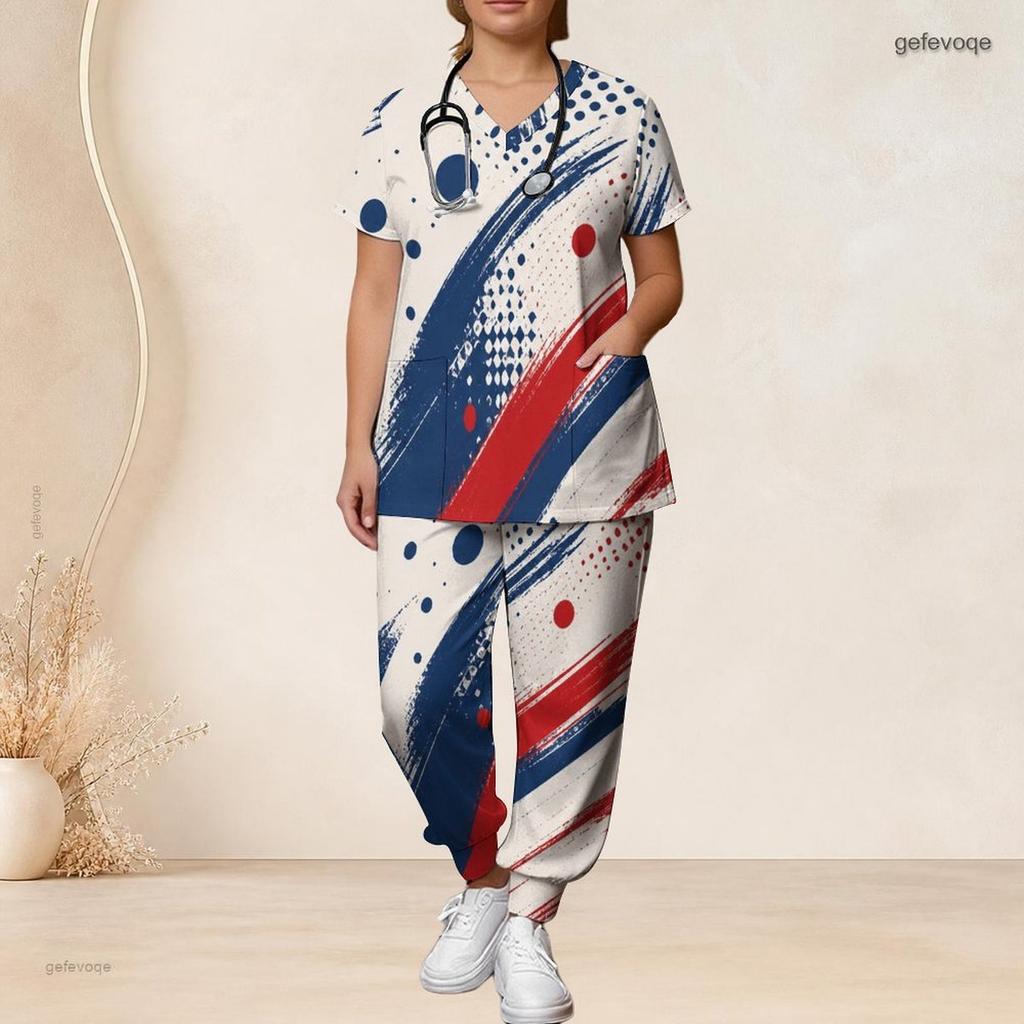 Women Plus Size Splash Patriotic Star Print Scrub Set Short Sleeve V Neck Top And Wide Long Pants Medical Uniform