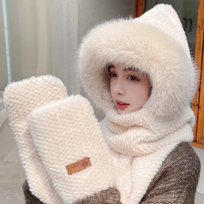 Cute Bear Ear Hat Scarf Gloves Set Thickened Plush Integrated Cap Scarf Ear Protection Cap  Outdoor
